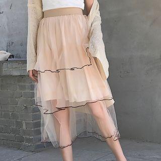 Mesh Panel Layered Midi Skirt