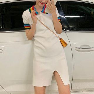 Short Sleeve Contrast Trim Polo Dress As Shown In Figure - One Size