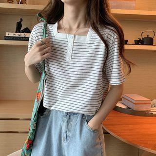 Short-sleeve Striped Square Neck T-shirt