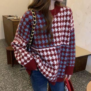 Long-sleeve Round-neck Houndstooth Color Panel Lattice Knit Sweater