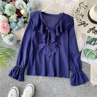 Ruffle-hem V-neck Plain Blouse