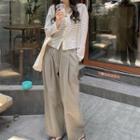 Long-sleeve Striped Top / Plain High-waist Wide-leg Pants
