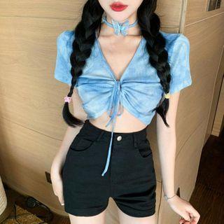 Short-sleeve Tie Dye Crop Top Blue - One Size