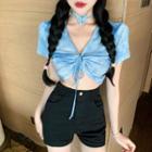 Short-sleeve Tie Dye Crop Top Blue - One Size