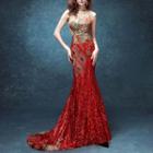 Sleeveless Embroidered Sequined Evening Gown