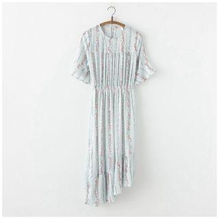 Set: Floral Print Elbow-sleeve Asymmetric Midi Dress + Strappy Dress