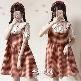 Collared Short-sleeve Check Mock Two Piece Dress