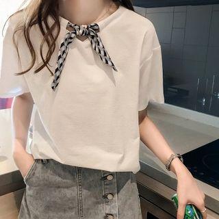 Plaid Tie Neck T-shirt