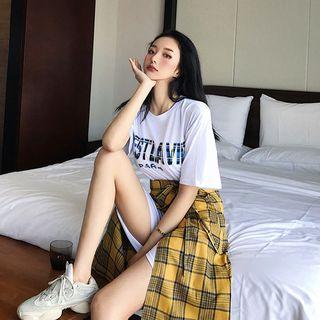 Set: Letter Print T-shirt Dress + Plaid Wrap Skirt White - One Size
