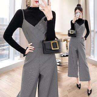 Set: Mock-neck Long-sleeve T-shirt + Spaghetti Strap Wide-leg Jumper Pants