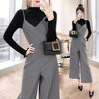 Set: Mock-neck Long-sleeve T-shirt + Spaghetti Strap Wide-leg Jumper Pants