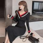 V-neck Contrast-trim Cable-knit Dress Black - One Size