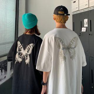 Couple Matching Elbow-sleeve Butterfly Printed T-shirt