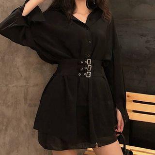 Lantern-sleeve Plain Shirtdress With Belt