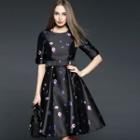 Elbow-sleeve Belted Print Dress