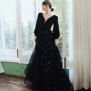 Mesh Panel Balloon-sleeve A-line Velvet Evening Gown