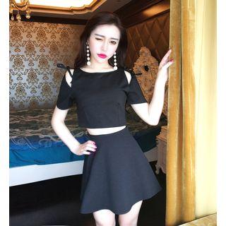 Set: Shoulder-cutout Short-sleeve T-shirt + Mini A-line Skirt