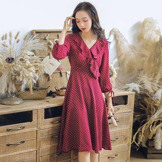 Dotted Ruffle Trim V-neck Dress