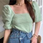 Puff-sleeve Square Neck Plain Slim Fit Crop Top Light Green - One Size