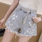 Washed Ripped Rhinestone Fringe Denim Shorts / Rhinestone Belt