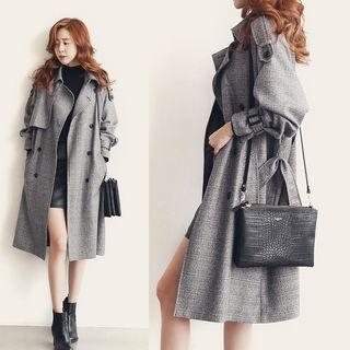 Double-breast Waist-tied Plaid Coat