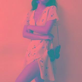 Short-sleeve Cherry Print A-line Wrap Dress