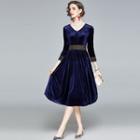 3/4-sleeve Velvet A-line Midi Dress