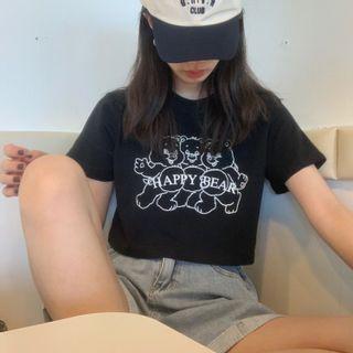 Short-sleeve Cartoon Bear Print Cropped T-shirt