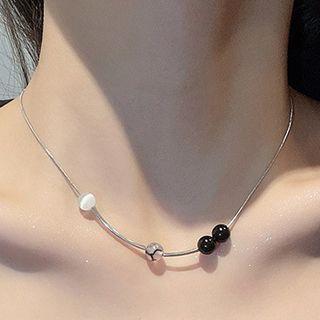 Cat Eye Stone Bead Stainless Steel Choker Black Bead - Silver - One Size