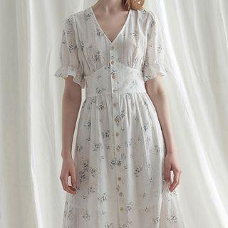 Bell-sleeve Ruffled Floral Printed Dress