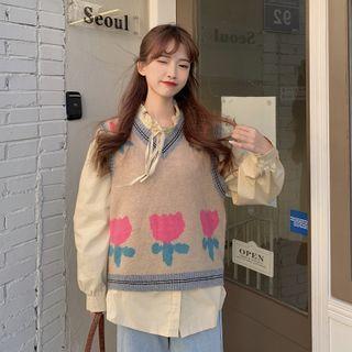 Long-sleeve Tie-neck Frill Trim Blouse / Floral Sweater Vest