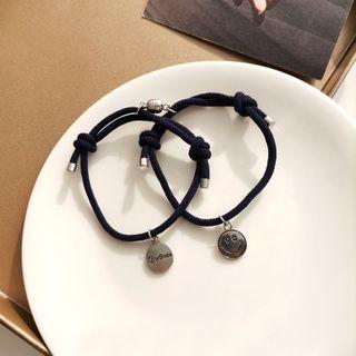 Smiley / Lettering Disc Cord Bracelet Set Of 2 - Blue - One Size