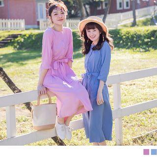 Elbow Sleeve Tie-waist Buttoned A-line Dress