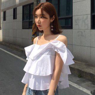 Plain Off Shoulder Ruffle Trim Short Sleeve Blouse