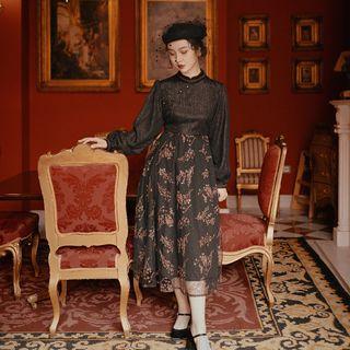 Long-sleeve Paneled Embroidered Midi A-line Dress