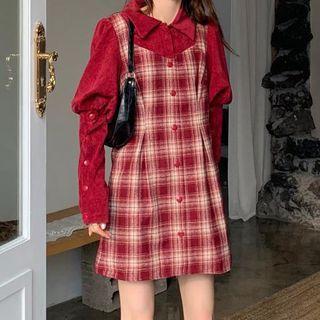 Long-sleeve Plaid Mini A-line Dress Red - One Size