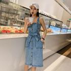 Wide Strap Buttoned Tie-waist Denim Dress