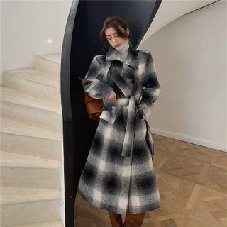 Long-sleeve Woolen Lace-up Plaid Coat As Shown As Figure - One Size