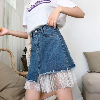 Mesh Hem Denim A-line Skirt