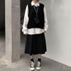 Long-sleeve Plain Shirt / Plain Knit Vest / High-waist Plain Skirt