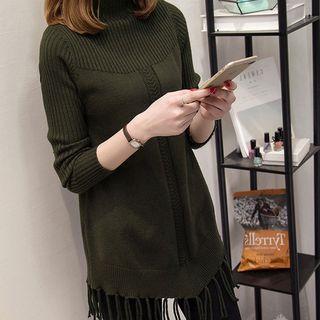 Fringed Trim Mock-neck Sweater