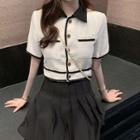Short-sleeve Collared Button-up Top / Pleated Mini Skirt / Set