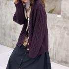 Cable-knit V-neck Knit Cardigan Purple - One Size