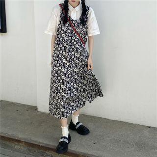 Elbow-sleeve Shirt / Sleeveless Floral Print Dress