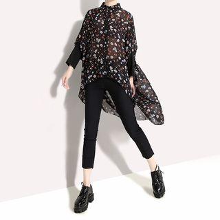 Long-sleeve Floral High-low Chiffon Shirt Light Blue - One Size