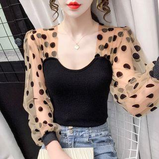 Lantern-sleeve Dotted Mesh Panel Knit Top