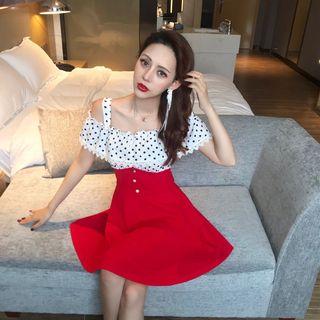 Short-sleeve Cold Shoulder Dotted A-line Mini Dress