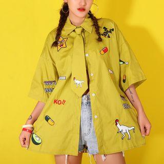 Cartoon Embroidered Short-sleeve Casual Shirt With Tie