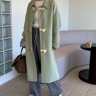 Long Sleeve Toggle Plain Woolen Coat Green - One Size