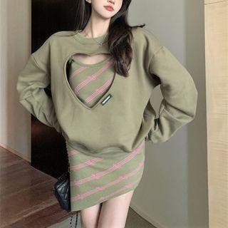 Plain Heart Cutout Loose-fit Sweatshirt / Striped Sleeveless Dress